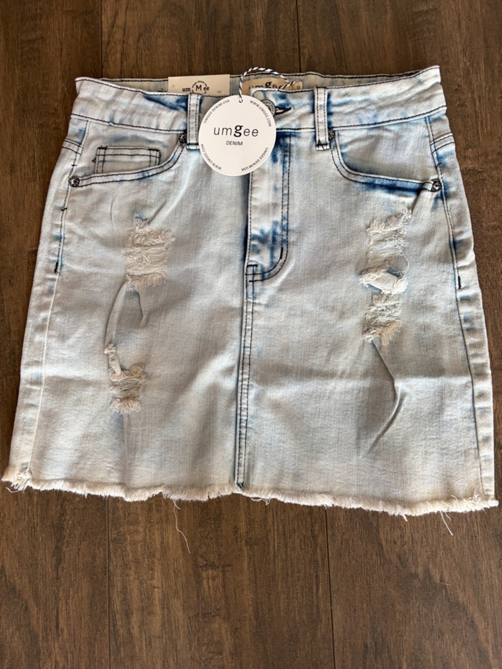 Umgee Light Blue Distressed Denim Mini Skirt
